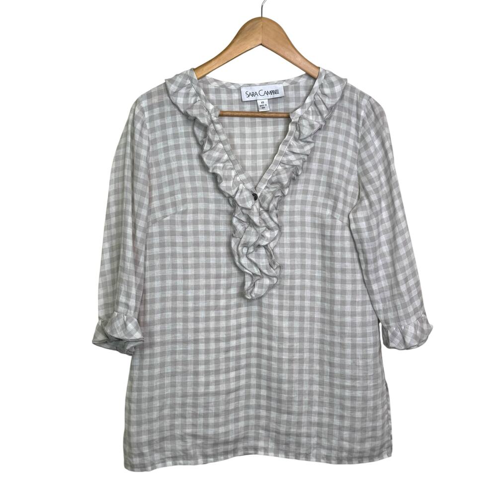 Sara Campbell Made in the USA Size XS 100% Linen Gingham Ruffle Blouse